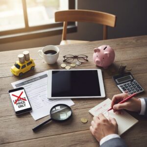Desk with toy car, insurance papers, calculator, piggy bank, and person reviewing coverage gaps—illustrating common auto insurance mistakes to avoid.