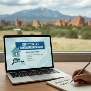 Colorado Springs homeowner reviewing identity theft protection and insurance documents at home.