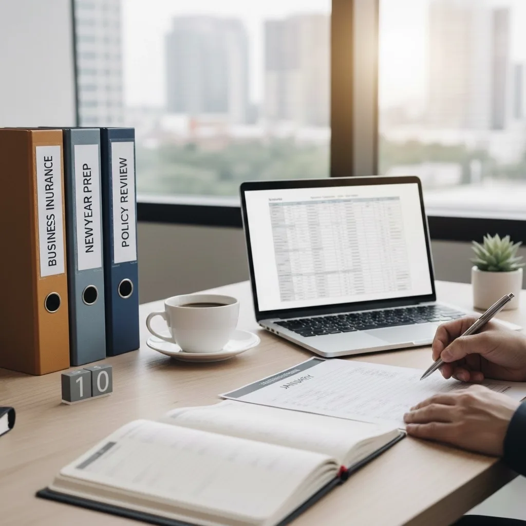 Business owner reviewing documents and working at a desk while planning insurance for the year ahead.
