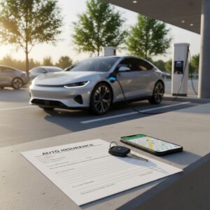 Electric vehicle charging with car keys and insurance paperwork, representing a year-end insurance review.