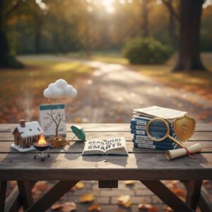 Illustration of seasonal business risk icons—including snow on a house, fire, rain cloud, data report, and other hazard symbols.