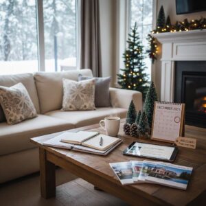 Living room of a short-term rental home with brochures on a table and a welcome sign for guests.