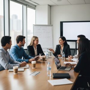 Business professionals meeting in a boardroom, representing general liability insurance considerations.
