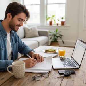 Man reviewing car insurance paperwork at home with a laptop and car keys.