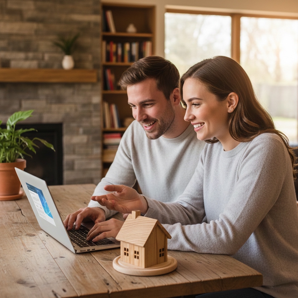 Homeowners reviewing insurance information together at home on laptop