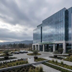 Commercial building exterior under a cloudy sky