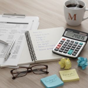 Insurance documents with a calculator and notes on a desk, illustrating coverage value comparisons between replacement cost and actual cash value.