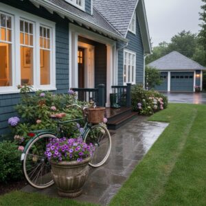 Residential home exterior with light rain, related to water damage coverage.