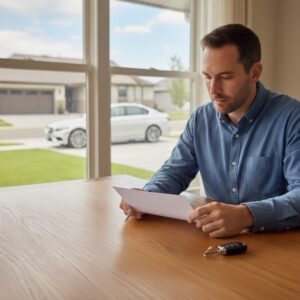 Driver reviewing auto insurance document to lower auto insurance premium without reducing coverage