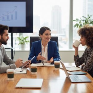 Three professionals meeting in a conference room representing professional liability insurance coverage.