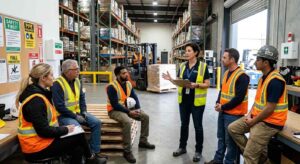 Business owner reviewing castle rock commercial insurance and workers’ compensation coverage with employees