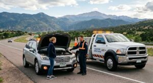 Driver receiving roadside assistance beside a disabled vehicle in Colorado Springs