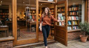 Customer leaving a bookstore protected by business liability insurance in Castle Rock