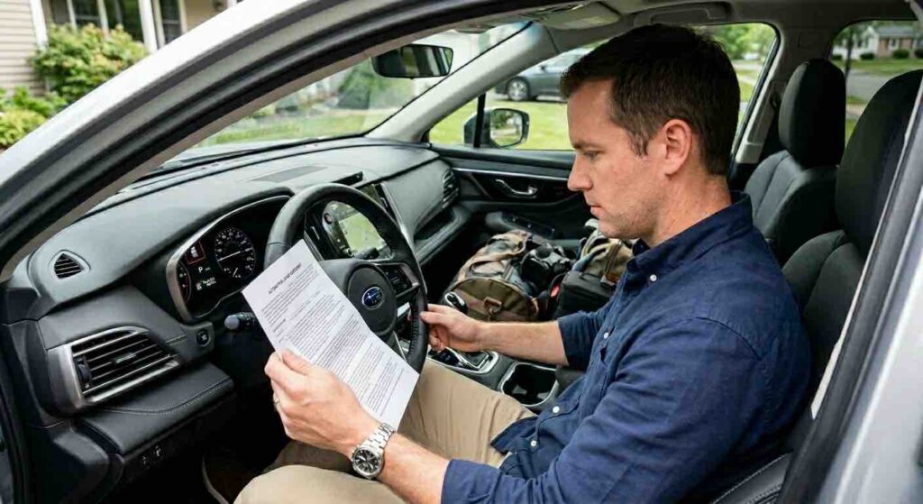 Driver reviewing usage-based auto insurance information before a Colorado Springs road trip