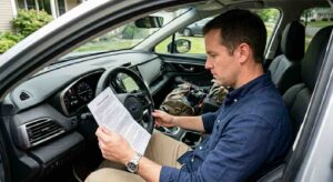 Driver reviewing usage-based auto insurance information before a Colorado Springs road trip