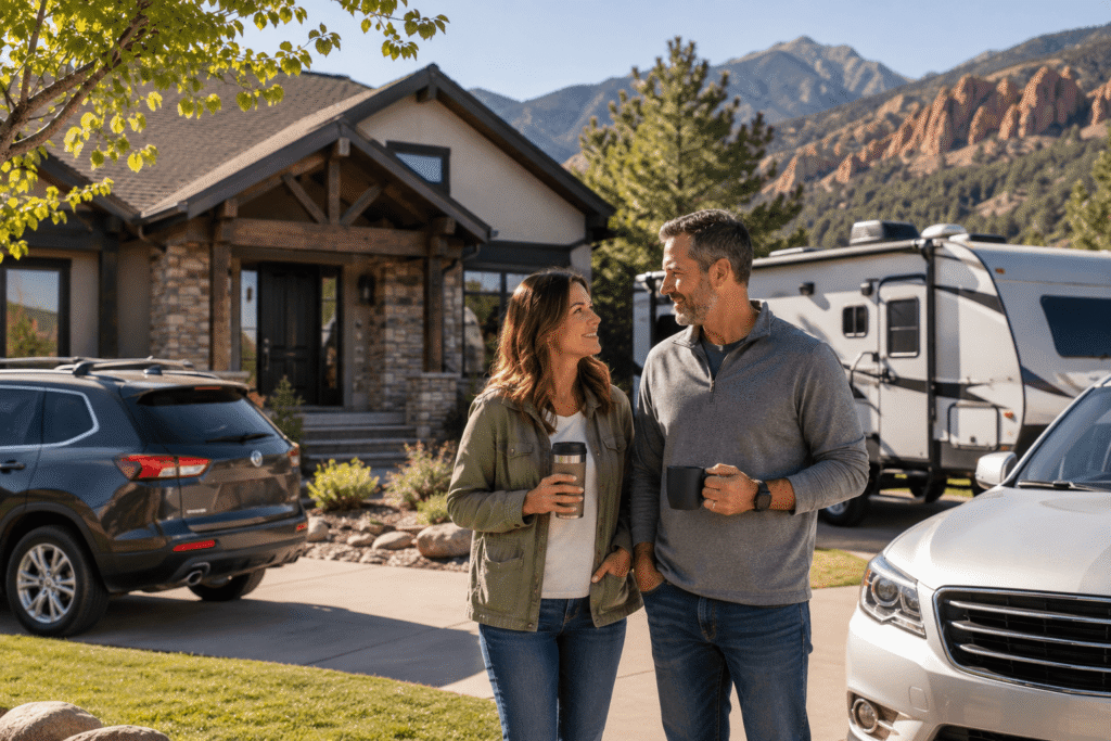 A couple stands next to each other in front of their home and several vehicles