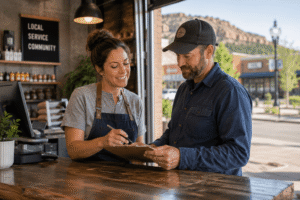 An image of a shop clerk smiling during an exchange with a man wearing a navy cap