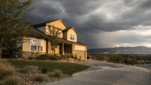 An exterior image of a home beneath a stormy sky