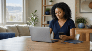 An image of a woman sitting at a table looking at things on her phone and laptop