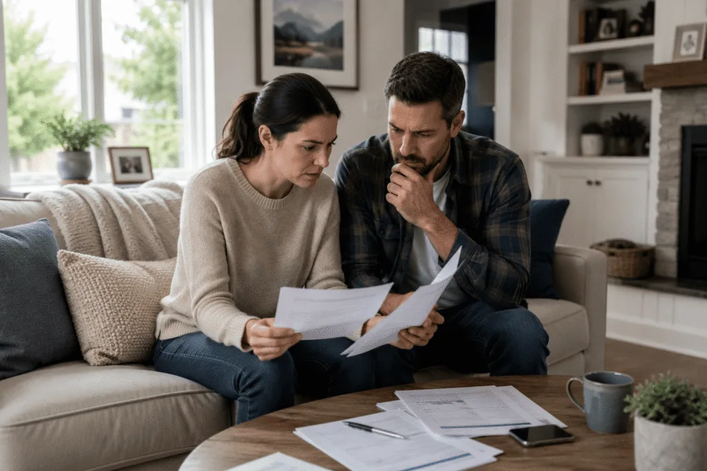 A couple sits together on a sofa reviewing papers
