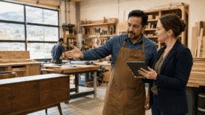 An image of a man and woman conversing in a workshop