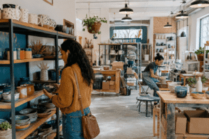 Customer browsing pottery while a Colorado ceramics studio owner works near business equipment and inventory.
