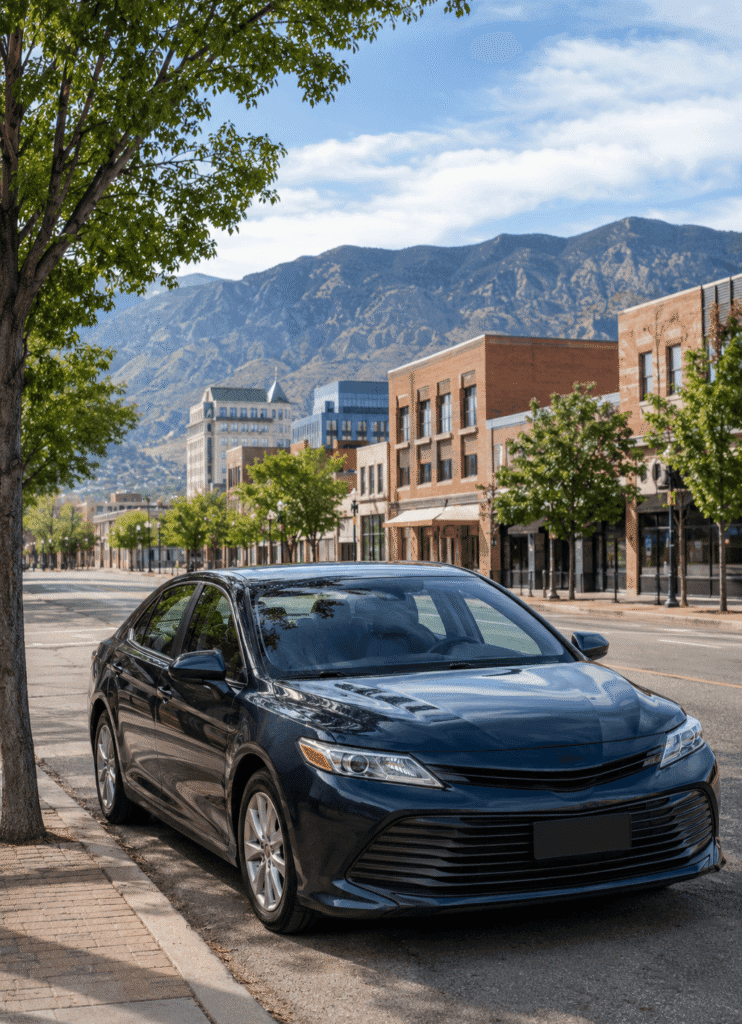 An outdoor image of a dark blue sedan parked on the side of a road with mountains visible in the background.