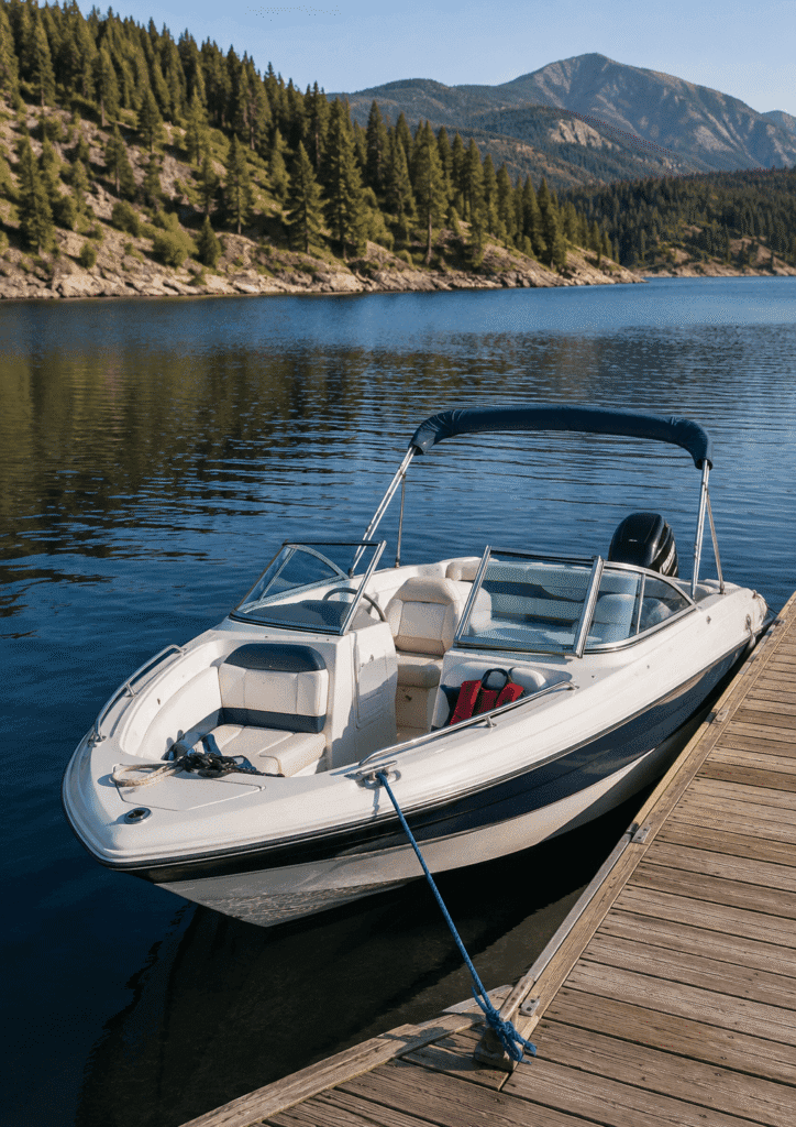 An exterior image of a small motorboat on a Colorado lake.