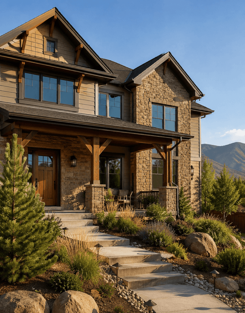 An exterior image of a home with Colorado mountains visible in the background