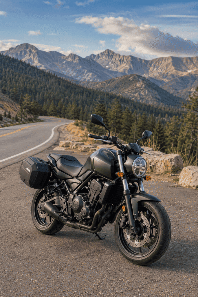 An image of a motorcycle parked on the side of a mountain road.