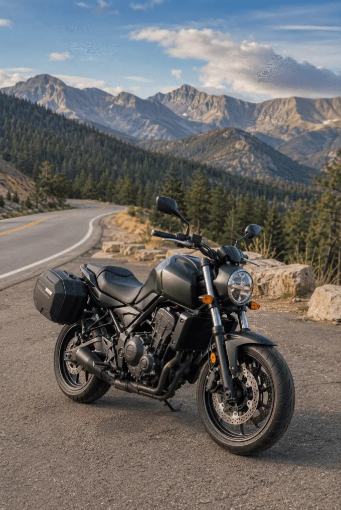 An image of a motorcycle parked on the side of a mountain road.