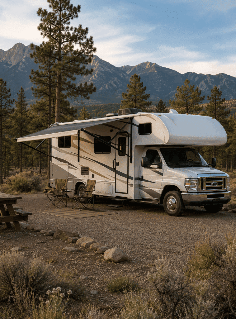 An image of an RV parked outside in the mountains