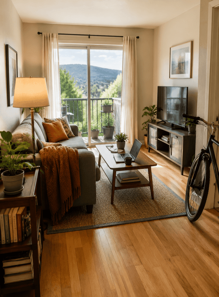 An interior image of an apartment living room with a large window through which Colorado mountains can be seen.