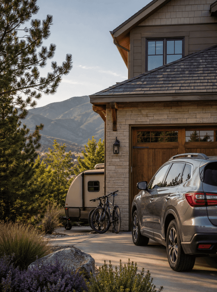 An exterior image of a home with an SUV parked in the driveway and a recreational trailer visible in the yard.