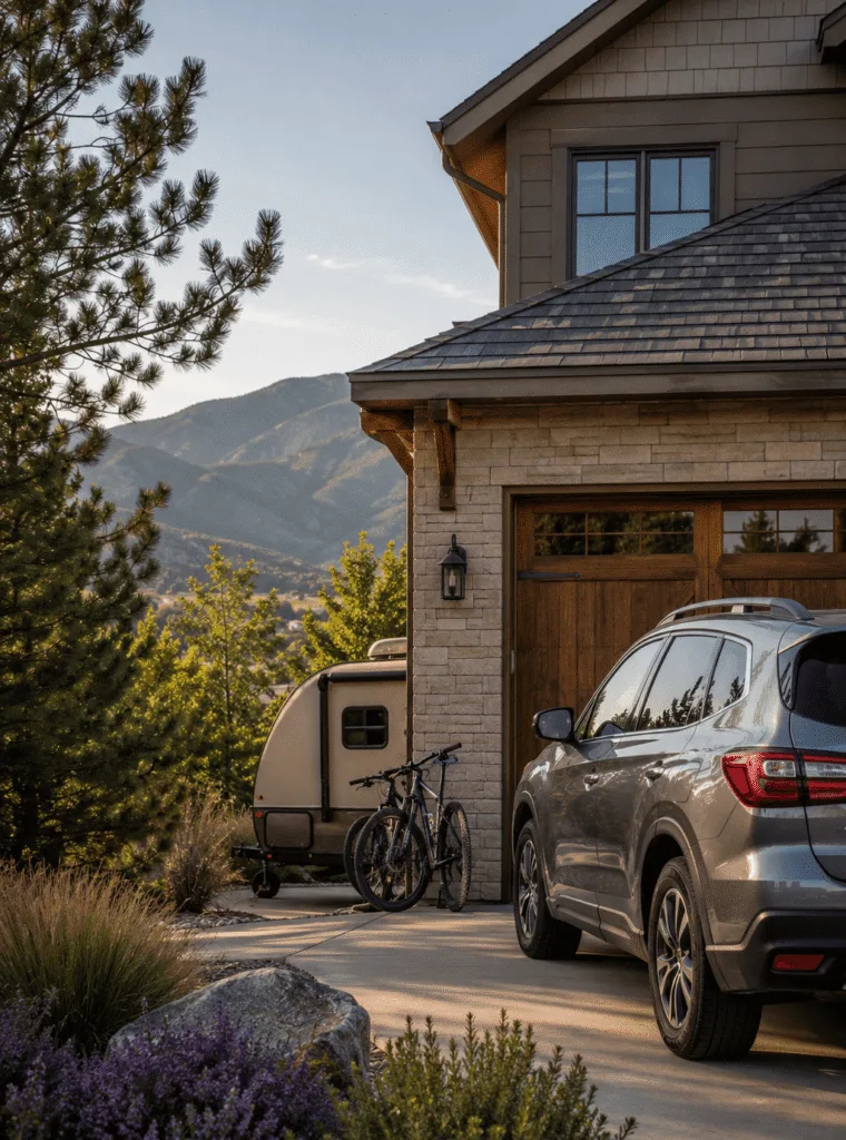 An exterior image of a home with an SUV parked in the driveway and a recreational trailer visible in the yard.