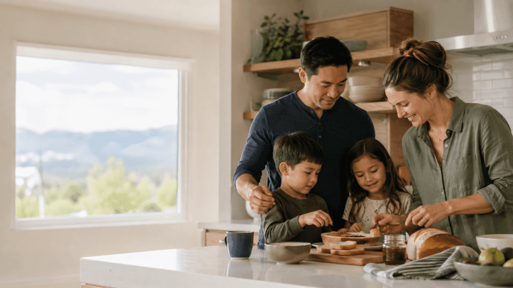 An image of a family making sandwiches in their kitchen.
