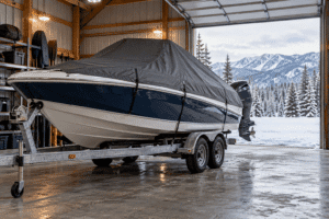 Covered motorboat on a trailer inside a secure storage building during a snowy Colorado winter.