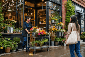 Colorado flower-shop owner moving inventory outside as a customer approaches the storefront.