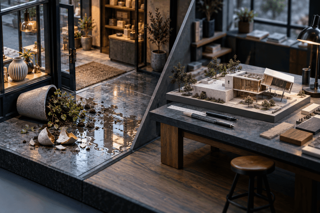 Split business scene showing property damage in a storefront and a design error in an architectural model.