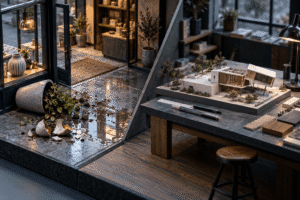 Split business scene showing property damage in a storefront and a design error in an architectural model.