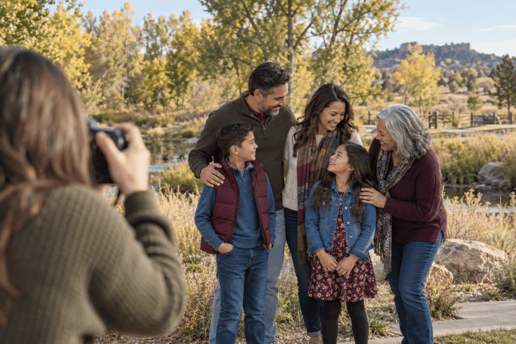 Multigenerational family gathering for a photograph in a Castle Rock park during autumn.