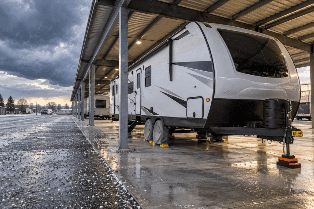 Travel trailer secured beneath a covered RV storage structure while hail and storm clouds remain outside.