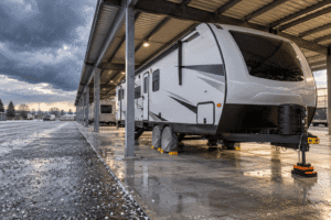 Travel trailer secured beneath a covered RV storage structure while hail and storm clouds remain outside.