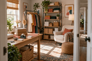 Residential guest room converted into a home-based clothing business with inventory, packing supplies, and shipping boxes.