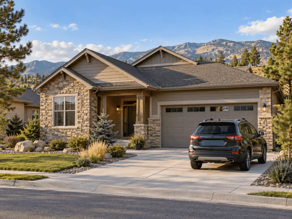 Colorado home with an SUV parked in the driveway and foothills in the background.