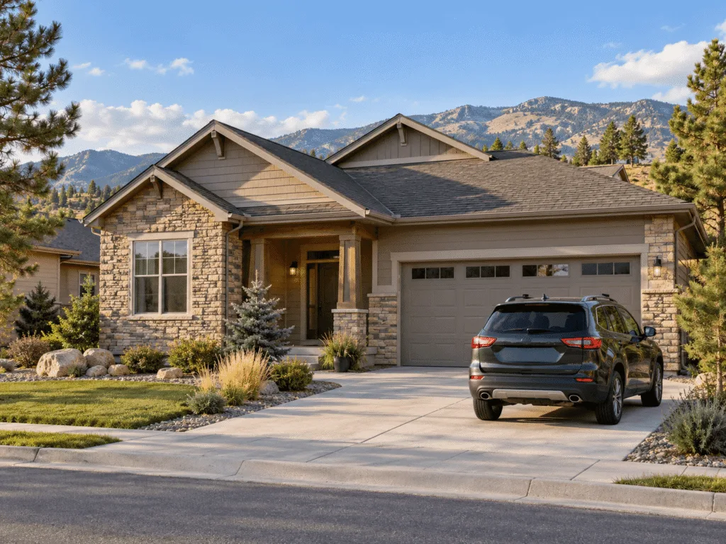 Colorado home with an SUV parked in the driveway and foothills in the background.