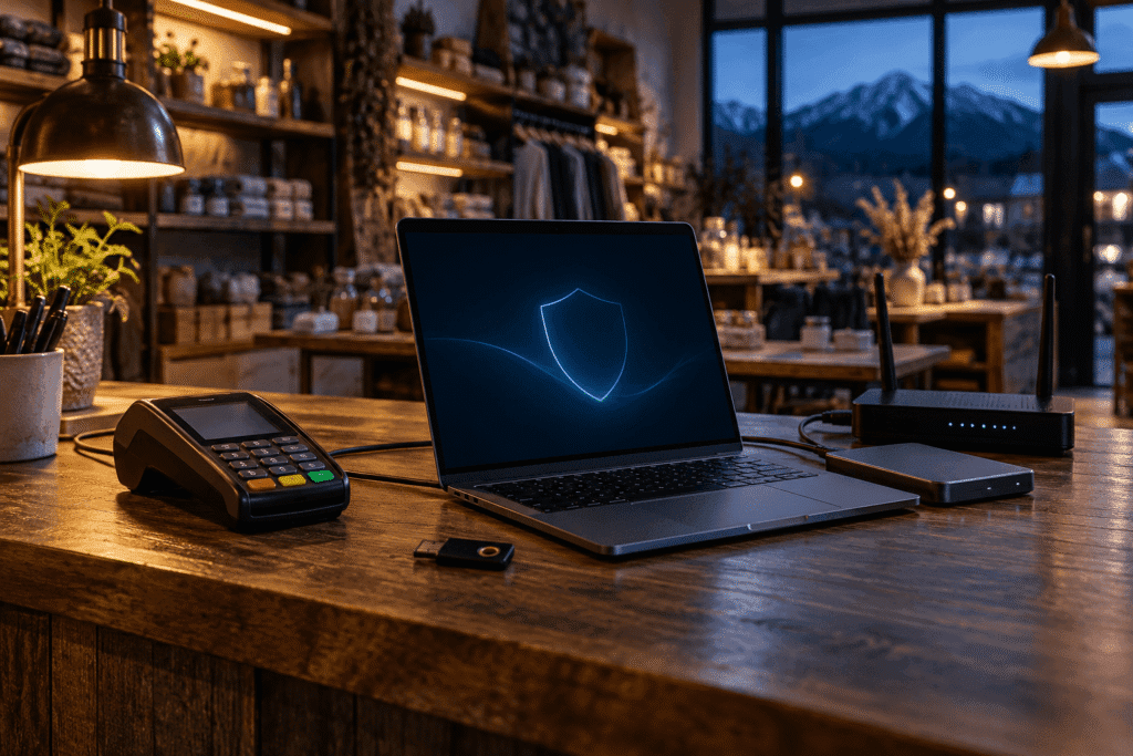 Laptop, payment terminal, router, and backup drive at a small Colorado business representing cyber liability insurance.