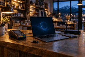 Laptop, payment terminal, router, and backup drive at a small Colorado business representing cyber liability insurance.