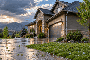 Colorado home and wet driveway after a hailstorm, with small hailstones scattered across the lawn.