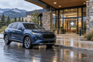 Unbranded blue vehicle parked outside a Colorado medical clinic after light rain.